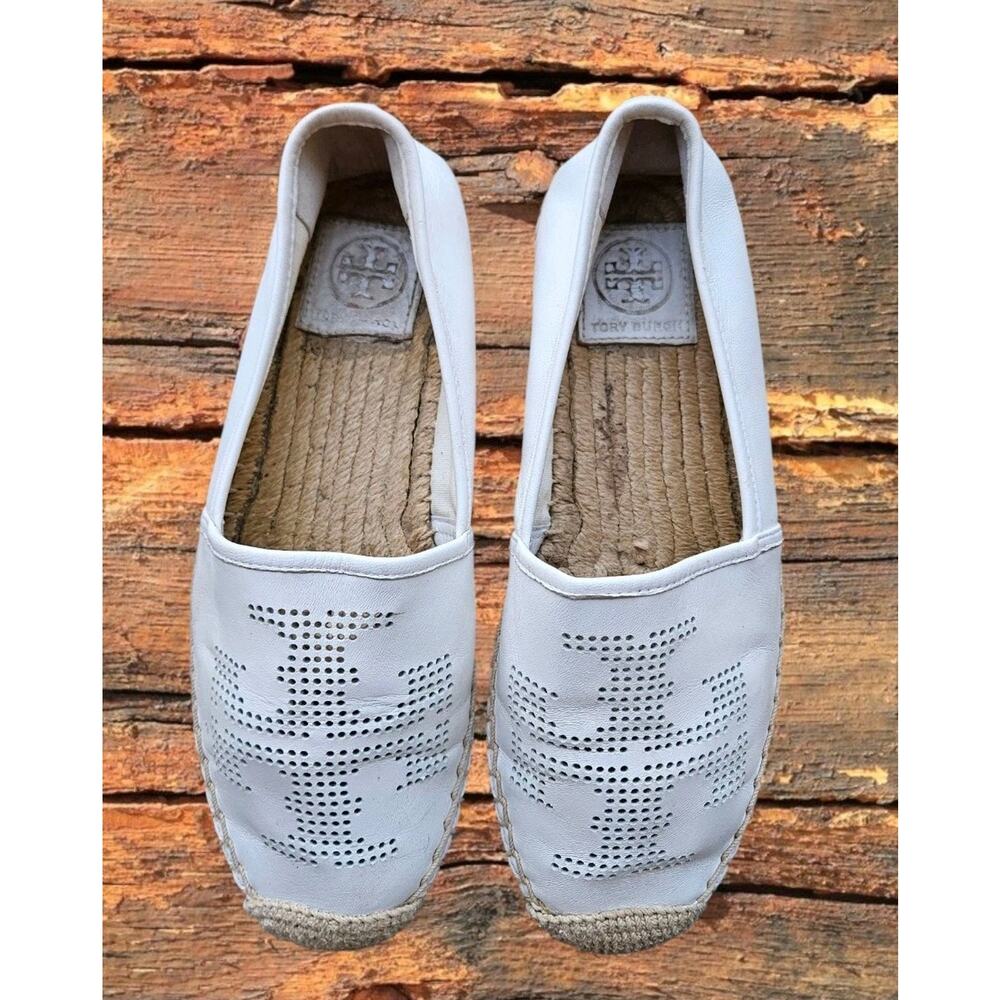 Tory Burch Women's White Perdorated Logo Espadrille Slip-On Leather Shoes Sz 6.5